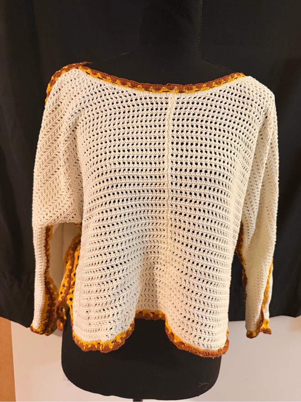 LPA Cream Crochet Off-the-Shoulder Sweater with Gold and Brown Trim